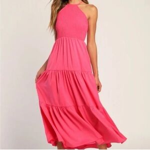 Lulu’s Pier and Now pink sleeveless tie back midi dress with smocked top, S